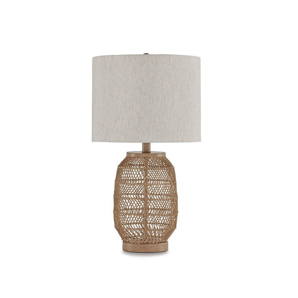 23 Inch Boho Table Lamp Set of 2, White Shade, Beige Rattan Woven Lantern - BM317476