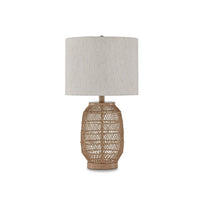 23 Inch Boho Table Lamp Set of 2, White Shade, Beige Rattan Woven Lantern - BM317476