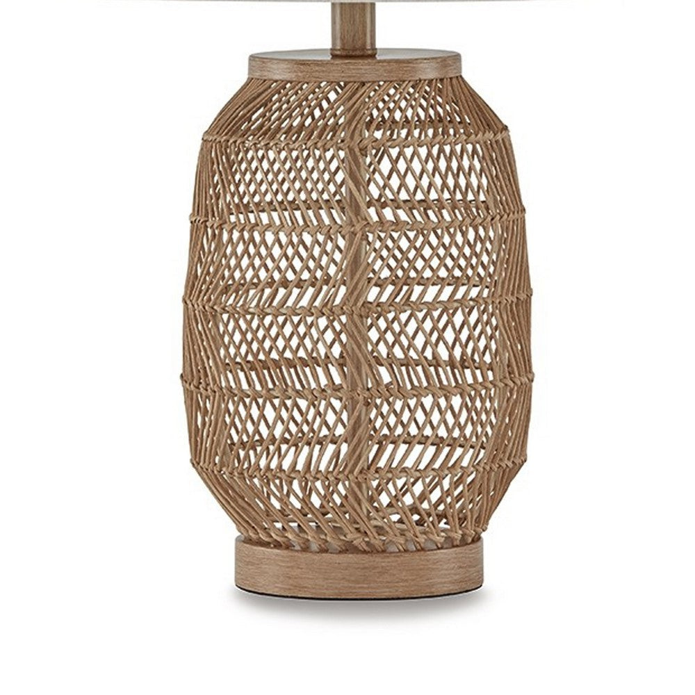 23 Inch Boho Table Lamp Set of 2, White Shade, Beige Rattan Woven Lantern - BM317476