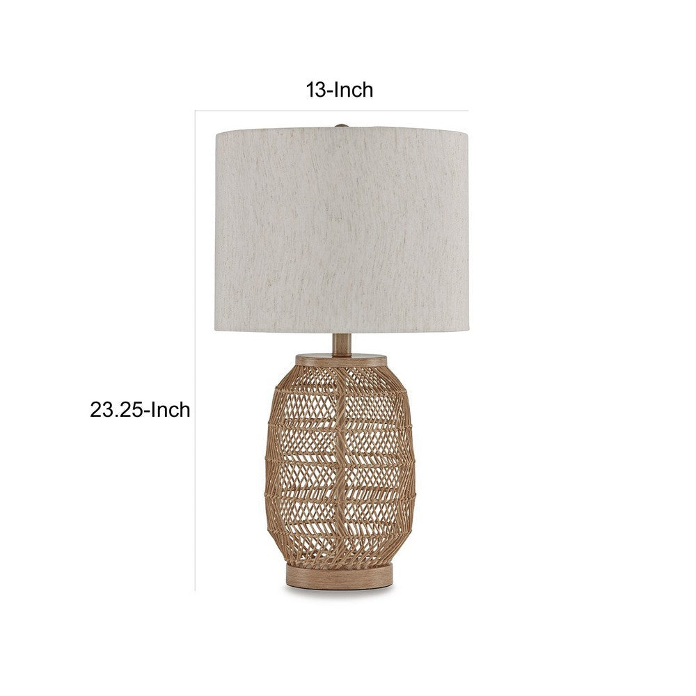 23 Inch Boho Table Lamp Set of 2, White Shade, Beige Rattan Woven Lantern - BM317476