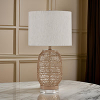 23 Inch Boho Table Lamp Set of 2, White Shade, Beige Rattan Woven Lantern - BM317476