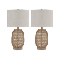 23 Inch Boho Table Lamp Set of 2, White Shade, Beige Rattan Woven Lantern - BM317476