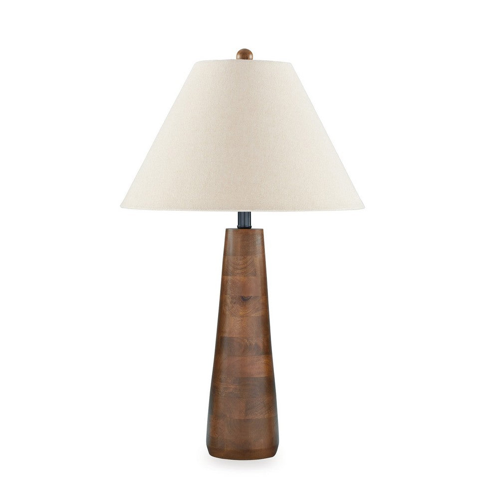 30 Inch Table Lamp, White Empire Fabric Shade, Tapered Brown Wood Frame - BM317477