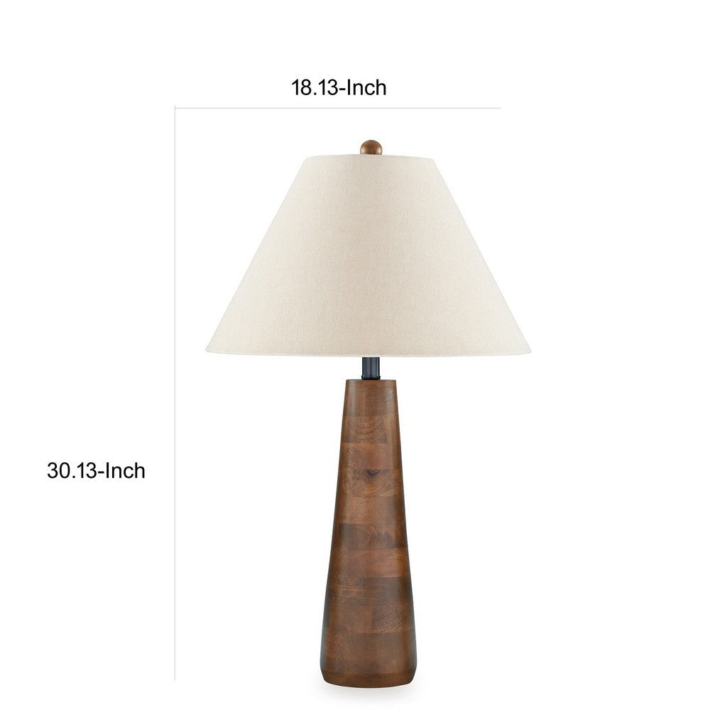 30 Inch Table Lamp, White Empire Fabric Shade, Tapered Brown Wood Frame - BM317477