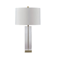 28 Inch Table Lamp, Square Crystal Candlestick Base, White Drum Shade, Gold - BM317482