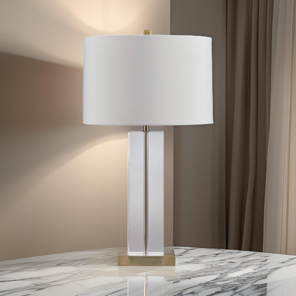 28 Inch Table Lamp, Square Crystal Candlestick Base, White Drum Shade, Gold - BM317482