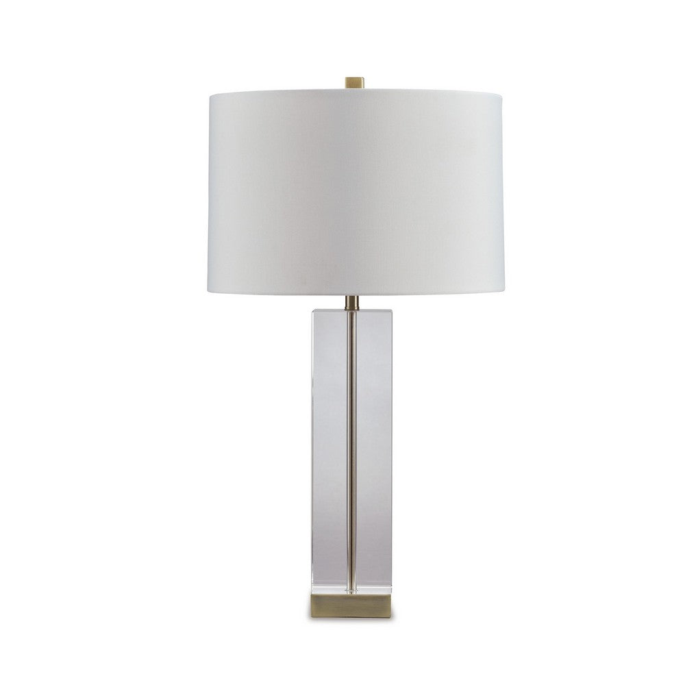 28 Inch Table Lamp, Square Crystal Candlestick Base, White Drum Shade, Gold - BM317482