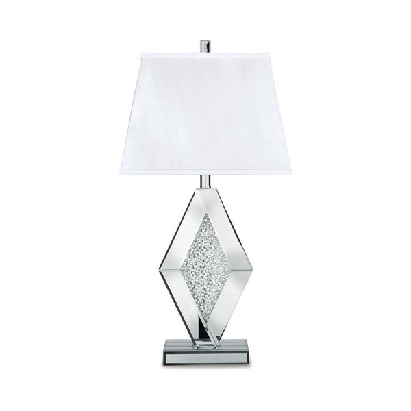 30 Inch Table Lamp, Mirrored Crystal Accent Geometric Base, Chrome, White - BM317483