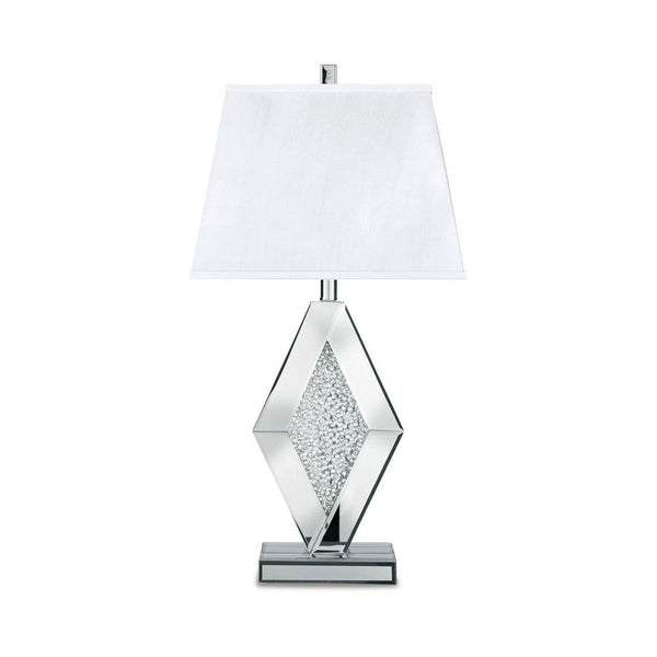 30 Inch Table Lamp, Mirrored Crystal Accent Geometric Base, Chrome, White - BM317483