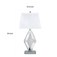 30 Inch Table Lamp, Mirrored Crystal Accent Geometric Base, Chrome, White - BM317483