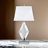 30 Inch Table Lamp, Mirrored Crystal Accent Geometric Base, Chrome, White - BM317483