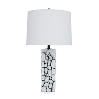 28 Inch Table Lamp, Drum Shade, Black and White Mosaic Marble Art Resin - BM317484