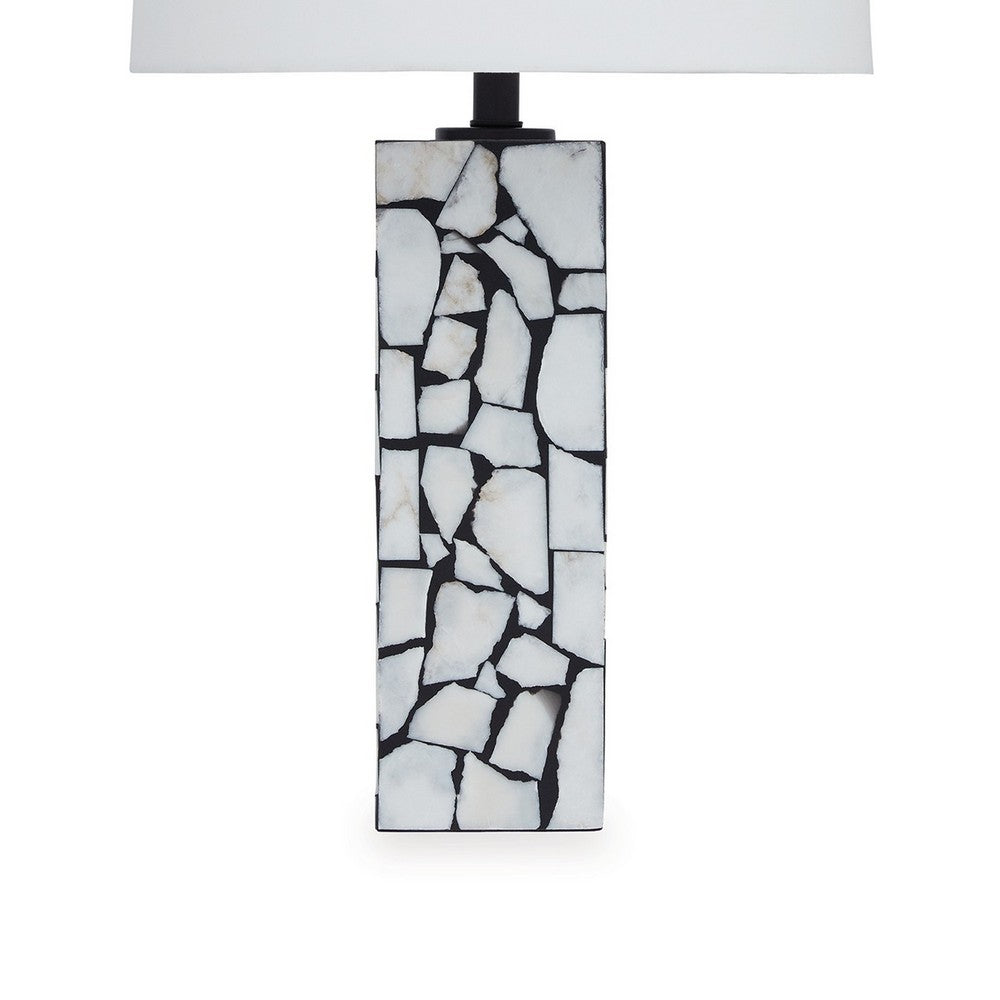 28 Inch Table Lamp, Drum Shade, Black and White Mosaic Marble Art Resin - BM317484