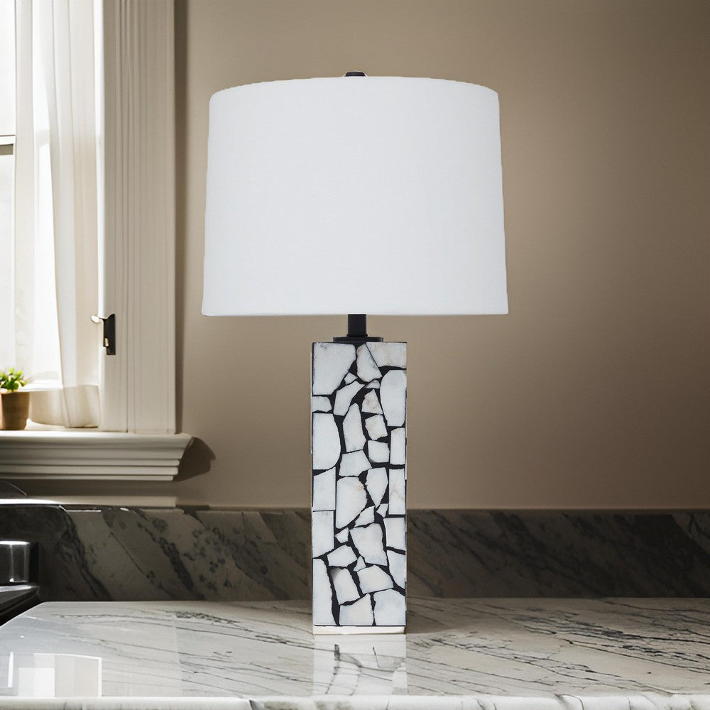 28 Inch Table Lamp, Drum Shade, Black and White Mosaic Marble Art Resin - BM317484