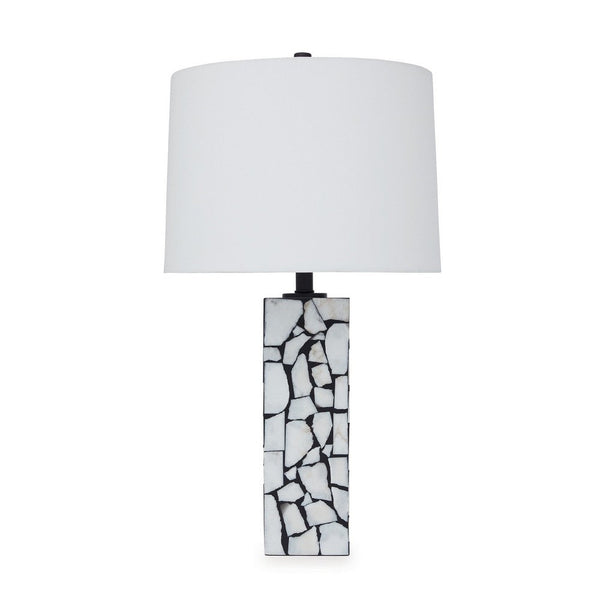 28 Inch Table Lamp, Drum Shade, Black and White Mosaic Marble Art Resin - BM317484