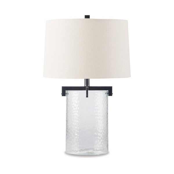 25 Inch Table Lamp, White Drum Shade, Clear Glass Base, Black Metal Frame - BM317486