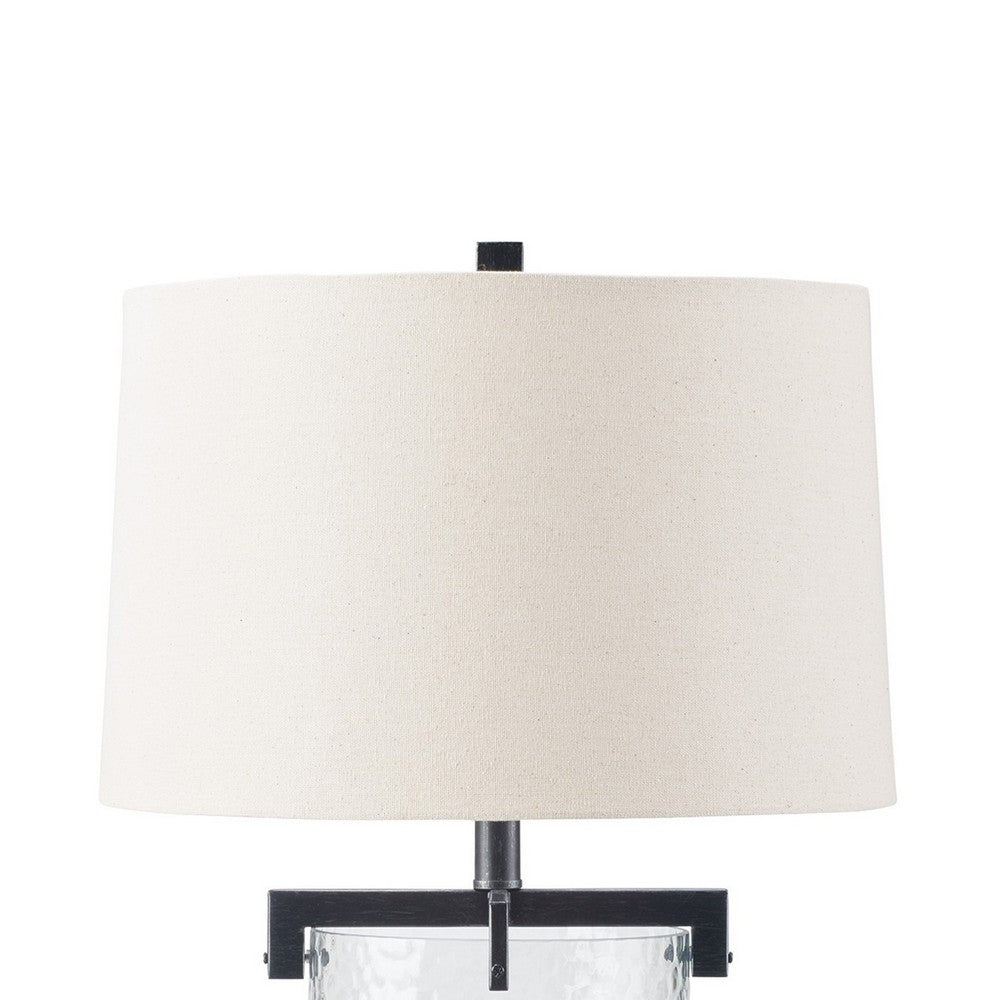 25 Inch Table Lamp, White Drum Shade, Clear Glass Base, Black Metal Frame - BM317486