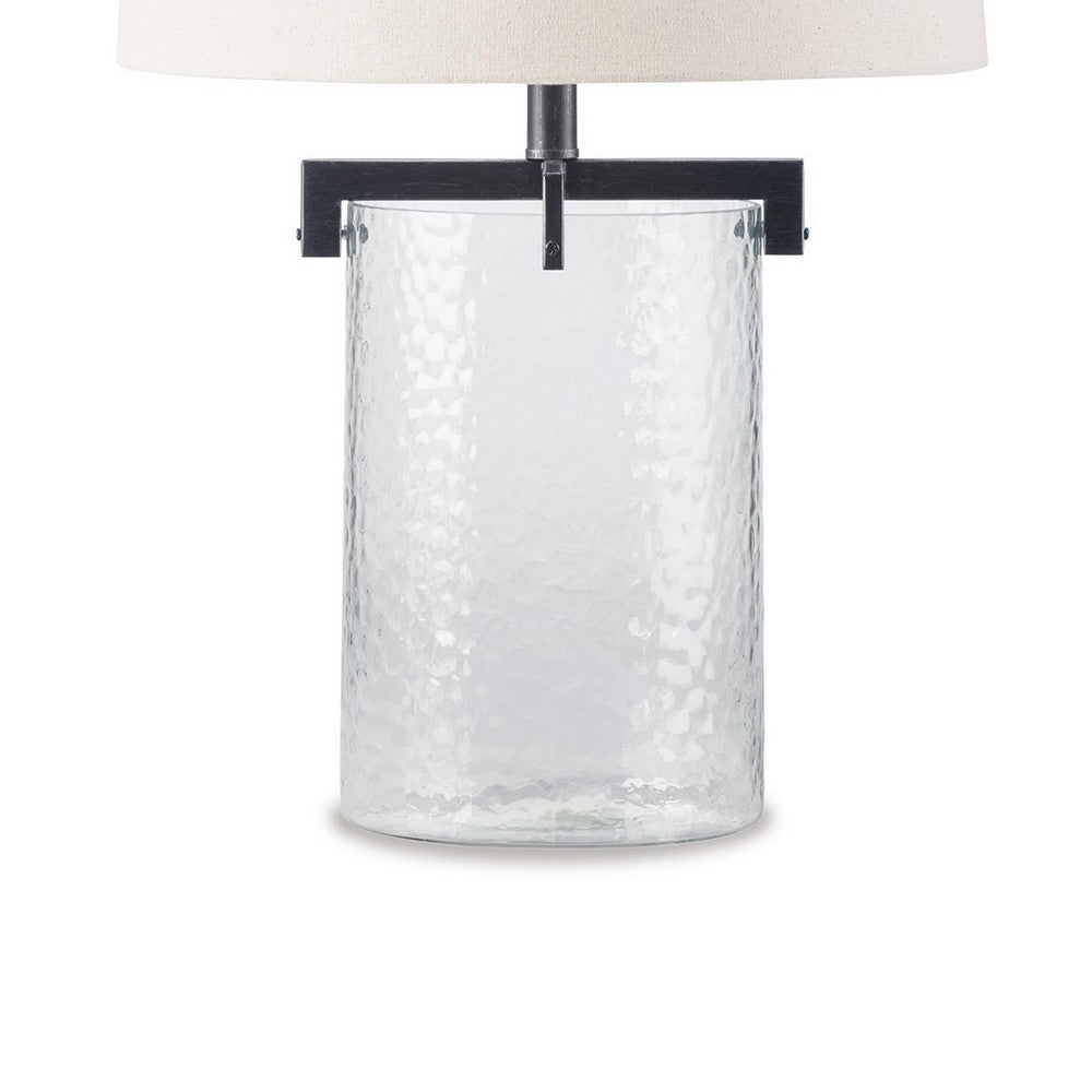 25 Inch Table Lamp, White Drum Shade, Clear Glass Base, Black Metal Frame - BM317486