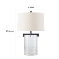 25 Inch Table Lamp, White Drum Shade, Clear Glass Base, Black Metal Frame - BM317486