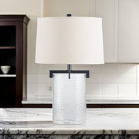 25 Inch Table Lamp, White Drum Shade, Clear Glass Base, Black Metal Frame - BM317486