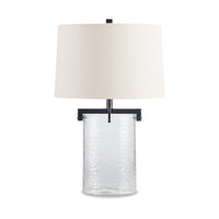 25 Inch Table Lamp, White Drum Shade, Clear Glass Base, Black Metal Frame - BM317486