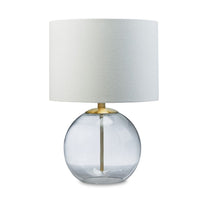 21 Inch Table Lamp, White Drum Shade, Round Clear Glass Base, Brass Metal - BM317487