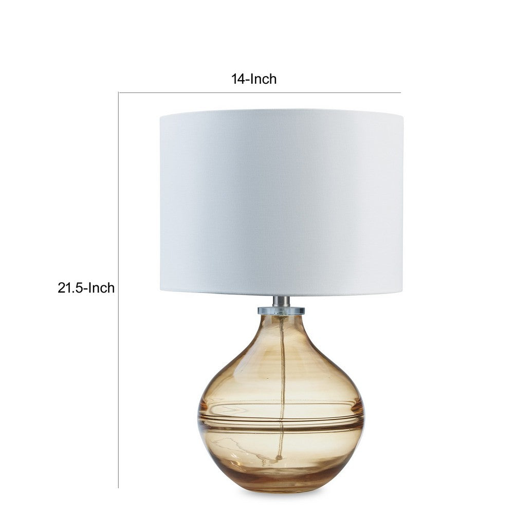 Amie 22 Inch Table Lamp, White Drum Shade, Drop Amber Glass Base, Metal - BM317488