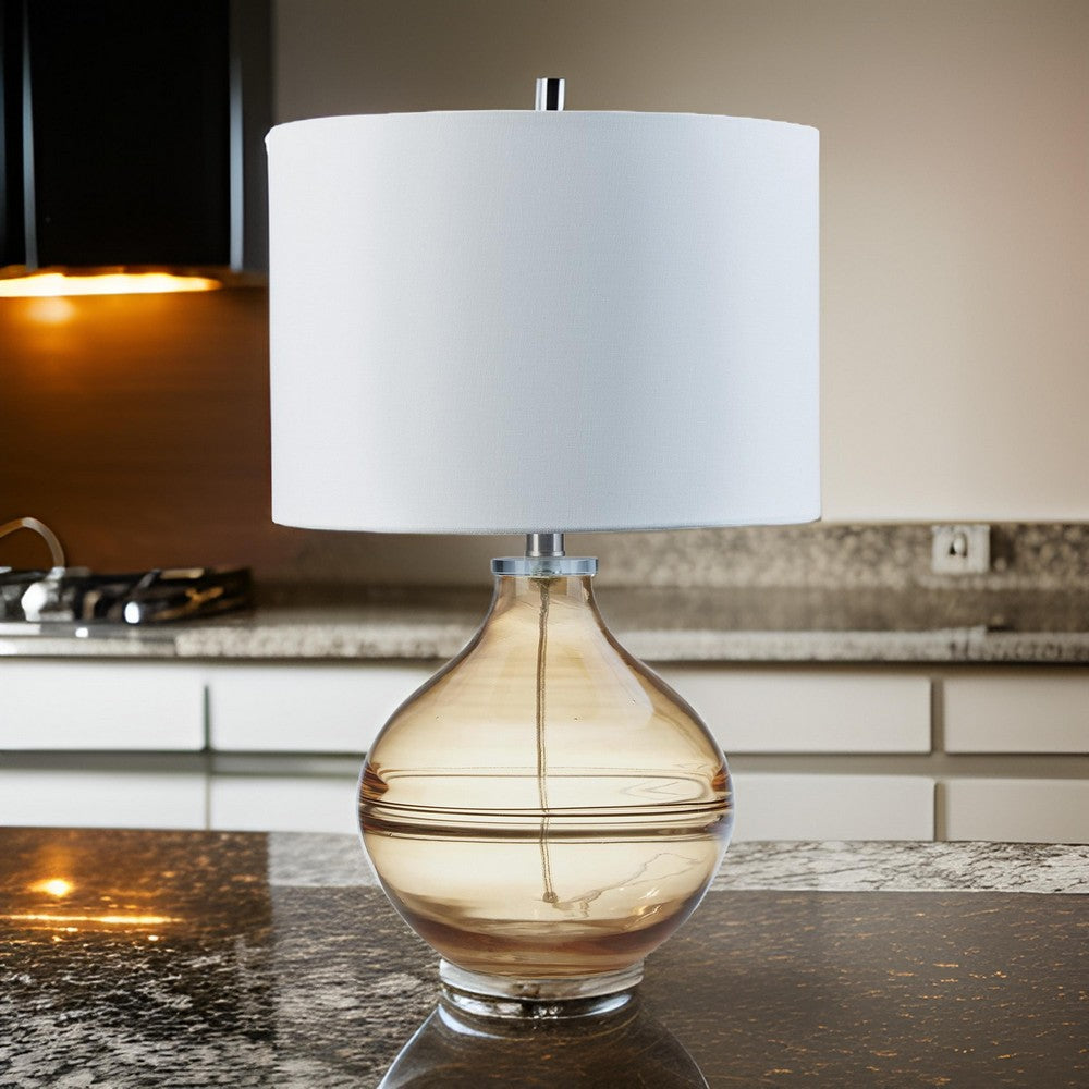 Amie 22 Inch Table Lamp, White Drum Shade, Drop Amber Glass Base, Metal - BM317488