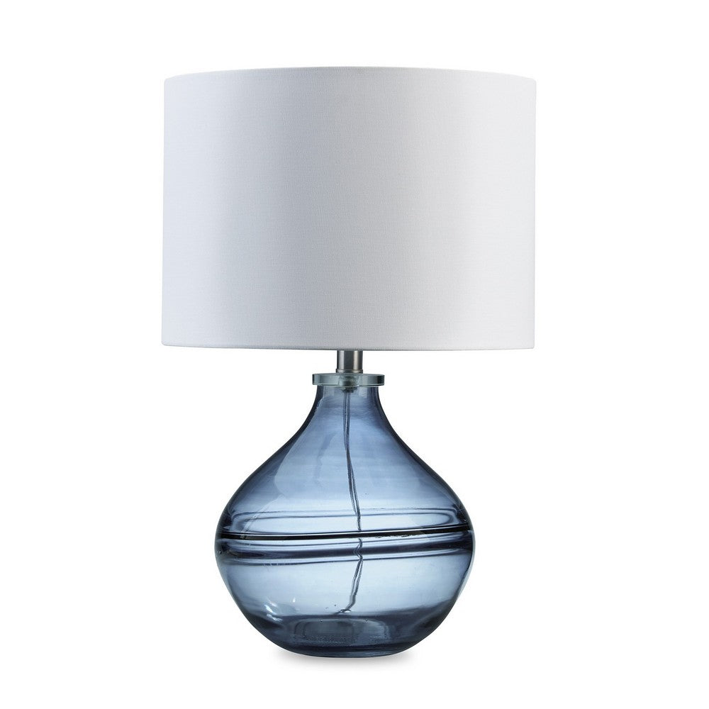 Amie 22 Inch Table Lamp, White Drum Shade Drop Style Blue Glass Base, Metal - BM317489