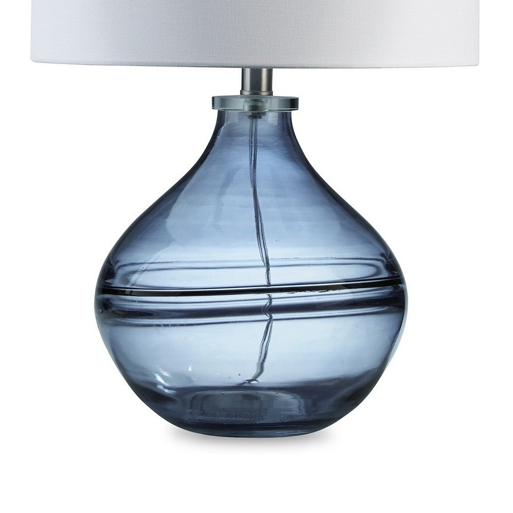 Amie 22 Inch Table Lamp, White Drum Shade Drop Style Blue Glass Base, Metal - BM317489