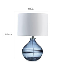 Amie 22 Inch Table Lamp, White Drum Shade Drop Style Blue Glass Base, Metal - BM317489