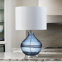 Amie 22 Inch Table Lamp, White Drum Shade Drop Style Blue Glass Base, Metal - BM317489