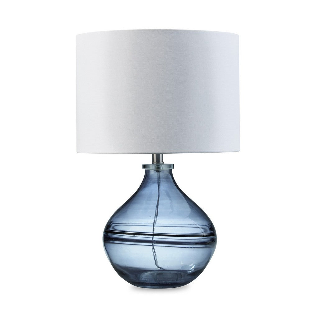 Amie 22 Inch Table Lamp, White Drum Shade Drop Style Blue Glass Base, Metal - BM317489