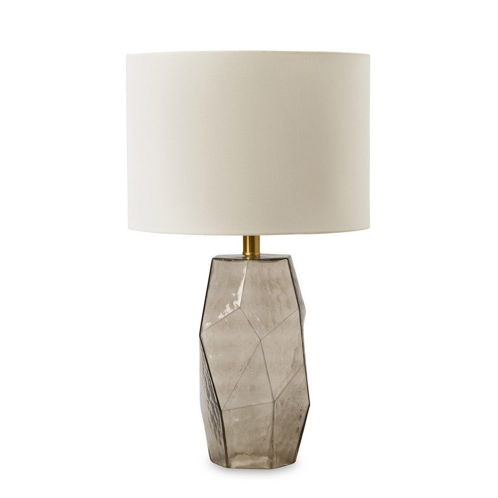 24 Inch Table Lamp, Hexagonal Textured Glass Base, Drum Shade, Gray - BM317490