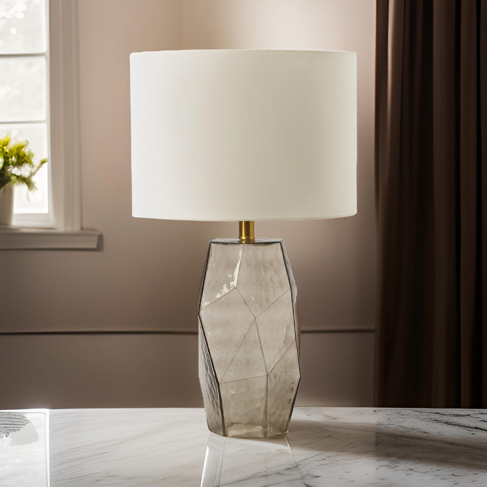 24 Inch Table Lamp, Hexagonal Textured Glass Base, Drum Shade, Gray - BM317490