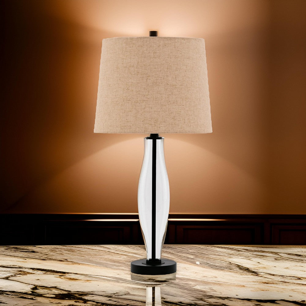 29 Inch Table Lamp Set of 2, Clear Glass Base, Cream Drum Shade, Black - BM317492