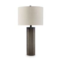 28 Inch Table Lamp, Brown Carved Frosted Glass, White Drum Fabric Shade - BM317493