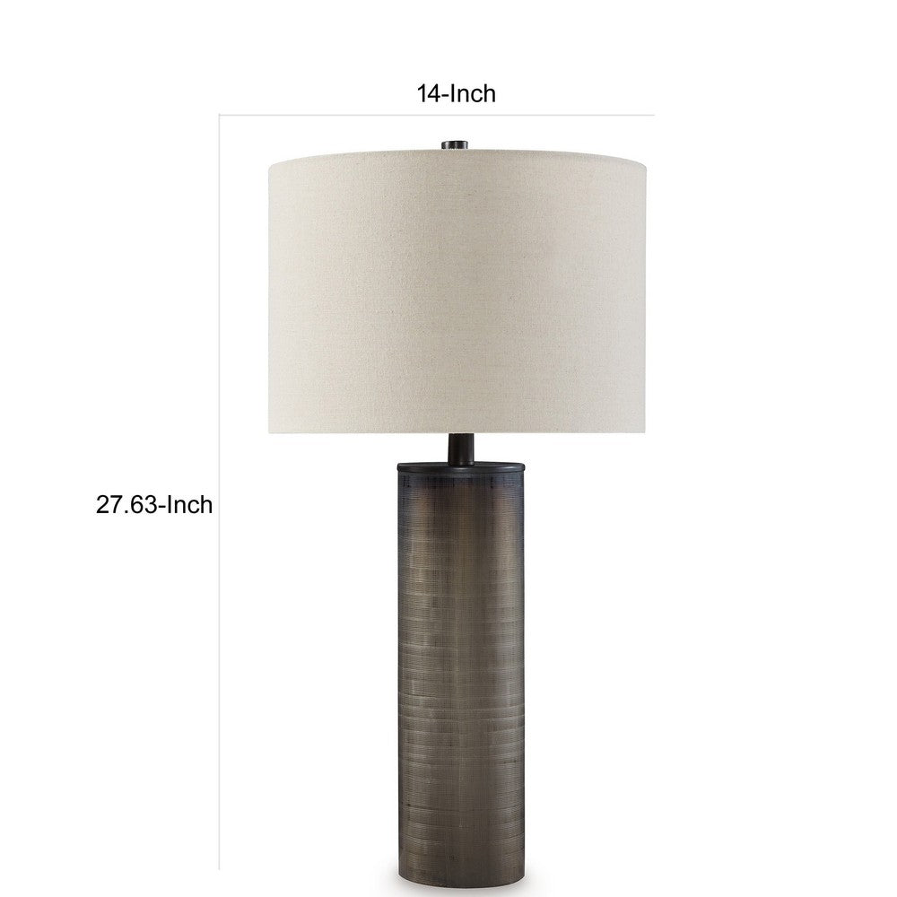 28 Inch Table Lamp, Brown Carved Frosted Glass, White Drum Fabric Shade - BM317493