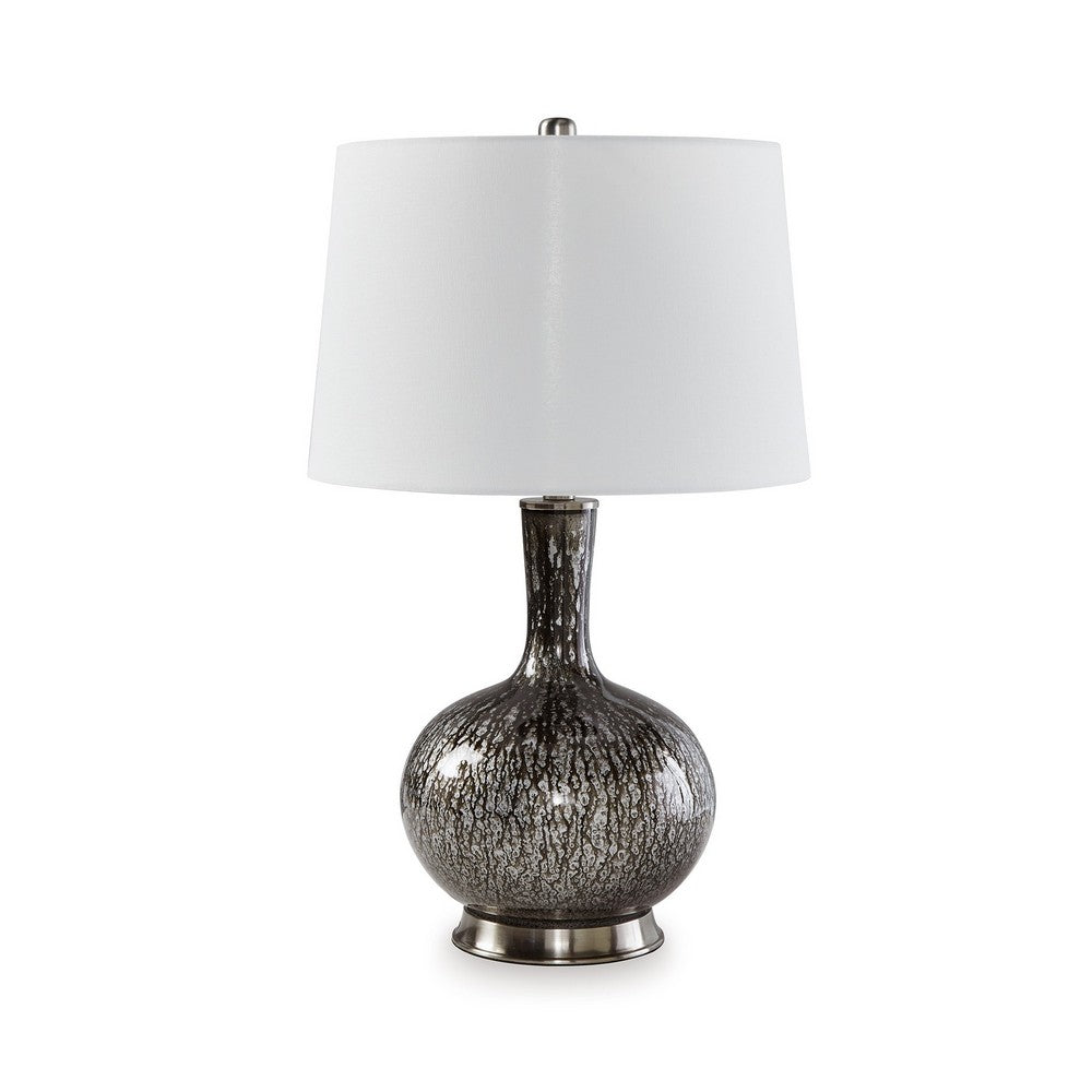 26 Inch Table Lamp, Tall Black Round Glass Base, White Drum Fabric Shade - BM317495