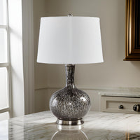 26 Inch Table Lamp, Tall Black Round Glass Base, White Drum Fabric Shade - BM317495