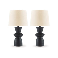 25 Inch Table Lamp Set of 2, Black Sculptural Solid Base, Drum Hardback - BM317499