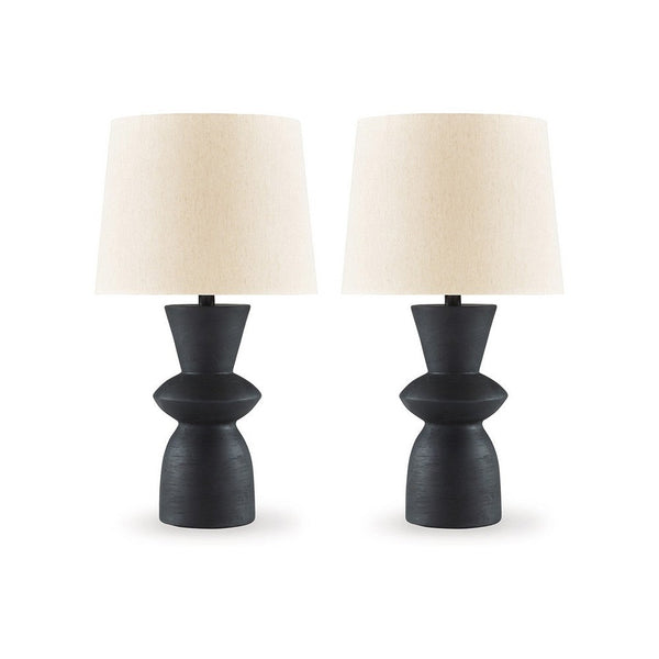 25 Inch Table Lamp Set of 2, Black Sculptural Solid Base, Drum Hardback - BM317499