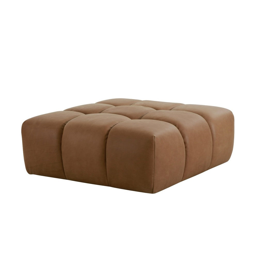 40 Inch Ottoman, Square Cushioned Tufted Seat, Brown Genuine Leather - BM317502