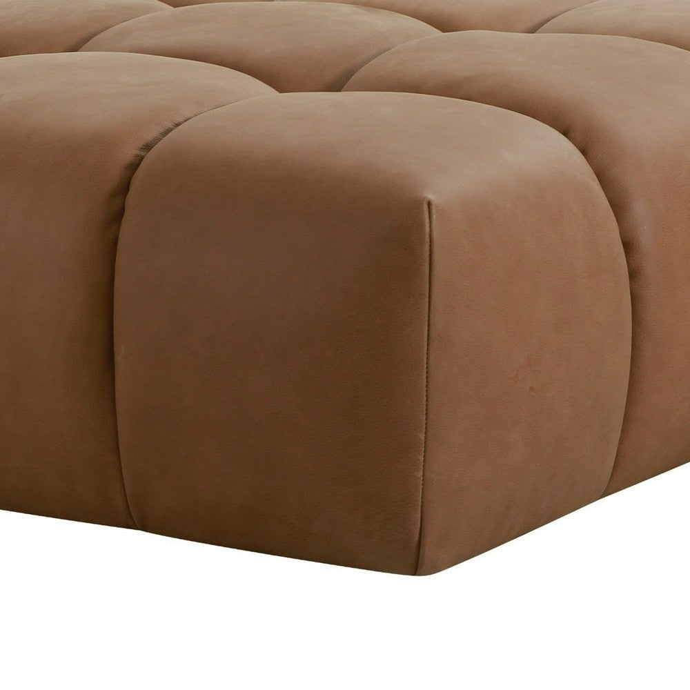 40 Inch Ottoman, Square Cushioned Tufted Seat, Brown Genuine Leather - BM317502