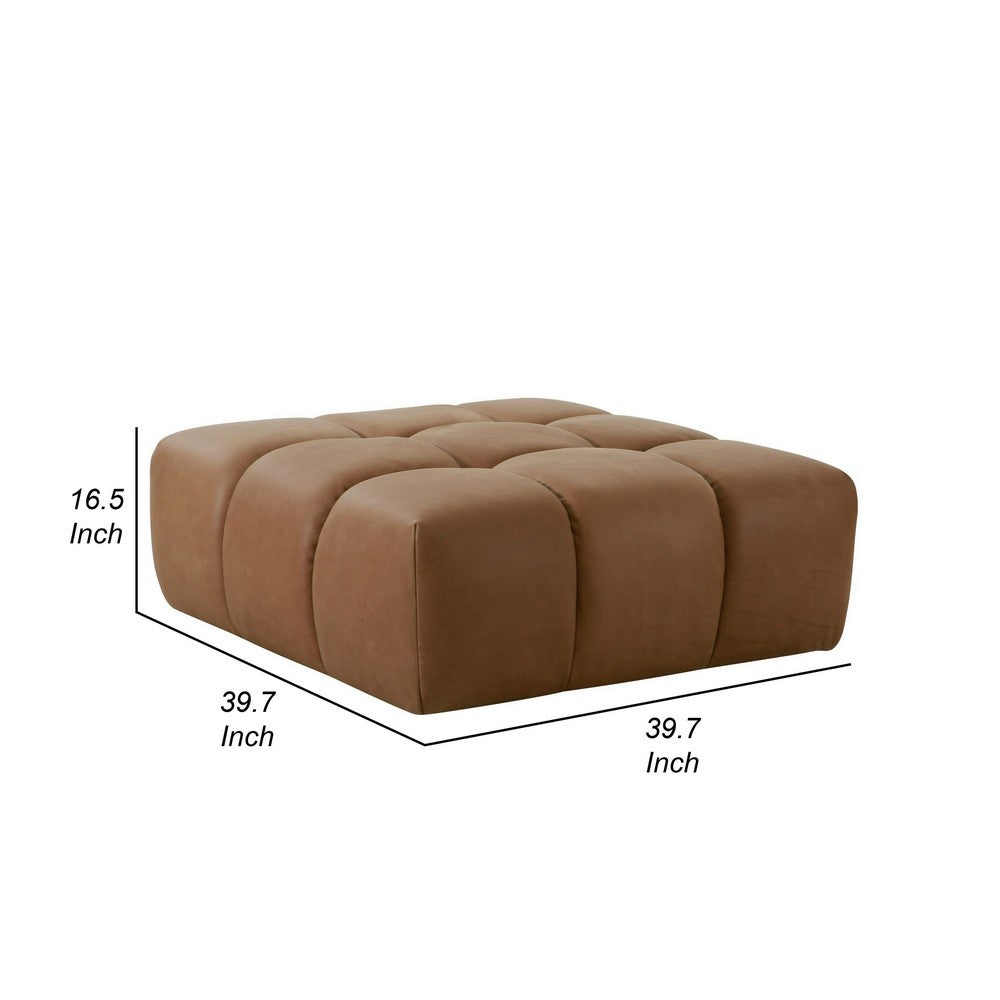 40 Inch Ottoman, Square Cushioned Tufted Seat, Brown Genuine Leather - BM317502