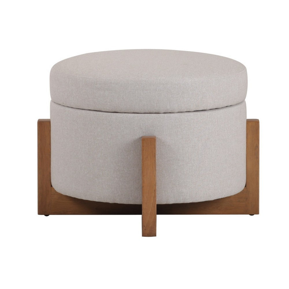 24 Inch Ottoman, Round Cushioned Storage Seat, Gray Polyester, Brown Wood - BM317505