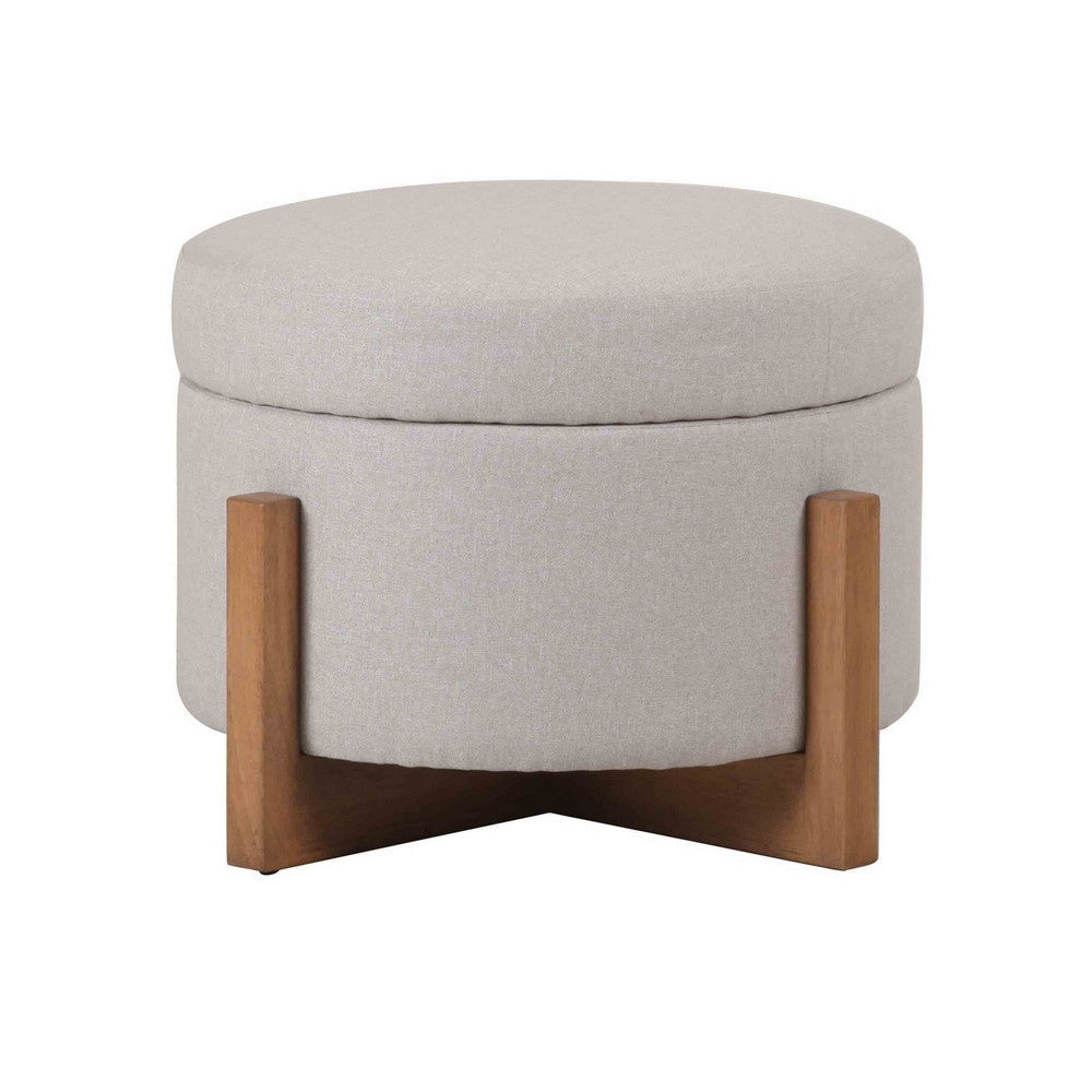 24 Inch Ottoman, Round Cushioned Storage Seat, Gray Polyester, Brown Wood - BM317505