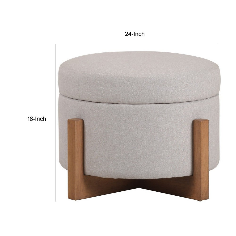 24 Inch Ottoman, Round Cushioned Storage Seat, Gray Polyester, Brown Wood - BM317505