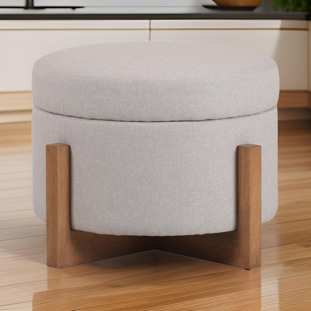 24 Inch Ottoman, Round Cushioned Storage Seat, Gray Polyester, Brown Wood - BM317505