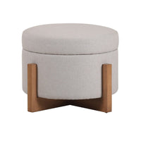 24 Inch Ottoman, Round Cushioned Storage Seat, Gray Polyester, Brown Wood - BM317505